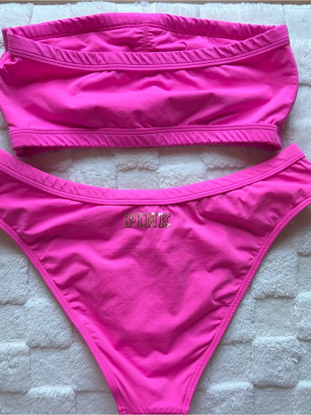 PINK Victoria's Secret Neon Pink Bandeau Bikini with Gold Logo